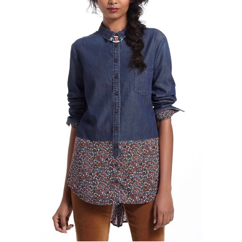 Anthropologie Postage Stamp chambray floral denim button down shirt longsleeve 4
